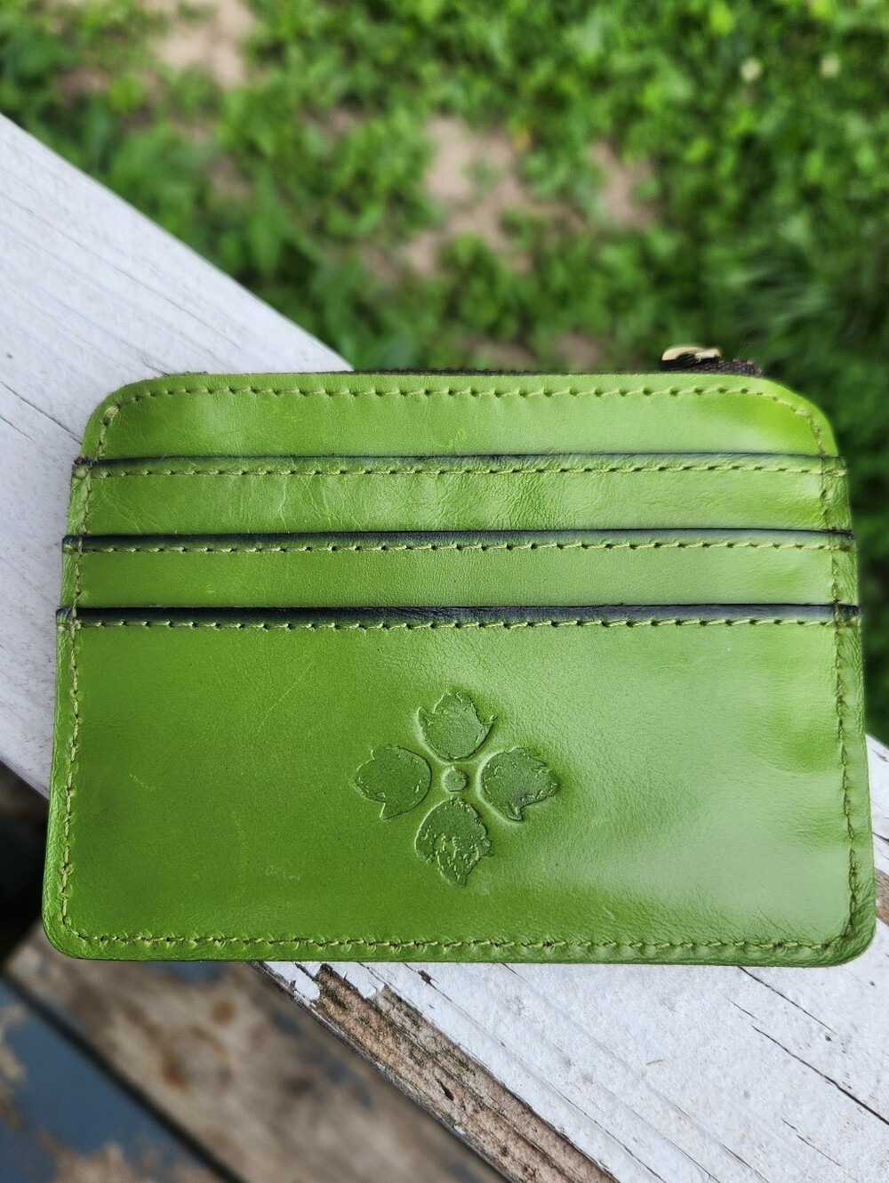 Patricia Nash Leather Card Holder In Green with Floral Emboss EUC